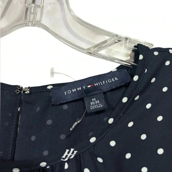 Tommy Hilfiger, Polka-Dot Gathered Neckline Balloon Sleeve Blouse, Med, Navy - Picture 4 of 9